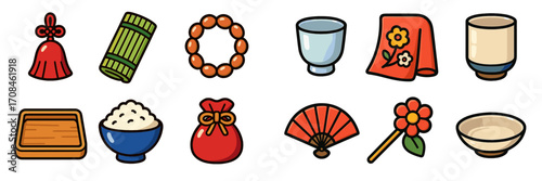 Colorful collection of traditional items and decor from Asian culture displayed in a simple layout
