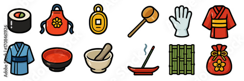 Collection of traditional Japanese cooking icons featuring sushi, aprons, and kitchen tools in vibrant colors
