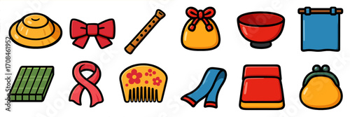 Colorful collection of traditional items representing various cultural celebrations and activities in an artistic layout