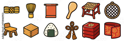 Decorative items and traditional tools displayed on a table in a bright and colorful setting