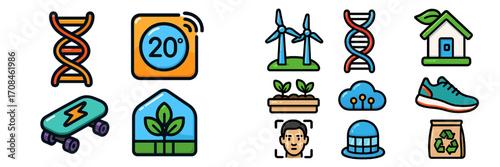 Illustrations showing sustainability, health, and technology concepts for modern living and environmental awareness