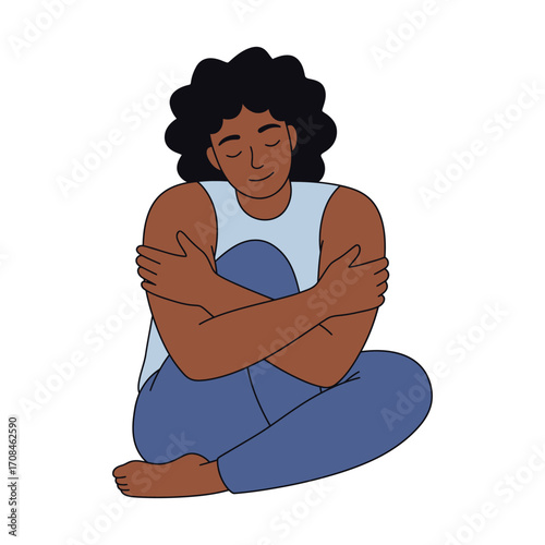 Smiling Black woman embraces herself in a peaceful moment of self-love and mindfulness, fostering inner comfort and personal well-being, an illustration of care and emotional support