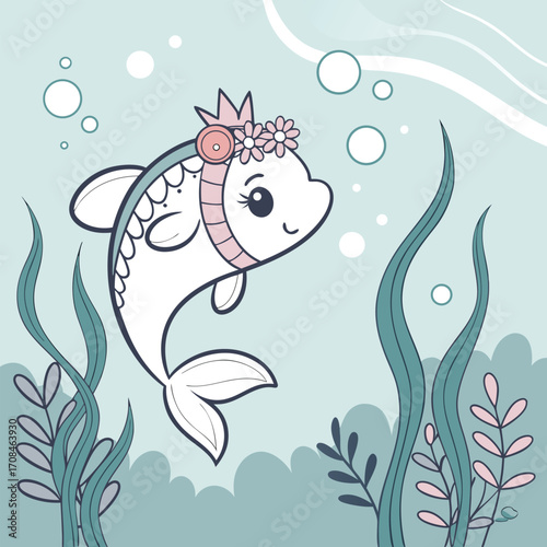 Cute Fish with Crown and Flowers Underwater Vector

