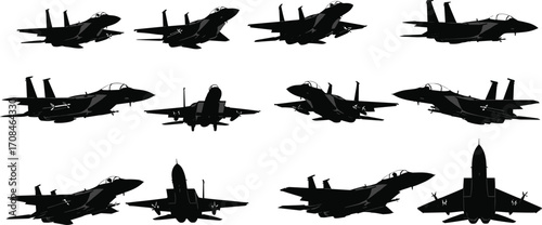 Silhouettes of Military Fighter Jets in Various Angles – Jet Aircraft Vector Illustration for Aviation, Air Force, Warplane Design Concepts