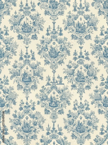 French Toile Inspired Blue Pattern on Light Beige Background Seamless Pattern