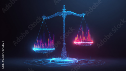 Futuristic Holographic Balance Scale with Glowing Financial Charts on Each Side