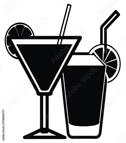 A vibrant, isolated illustration of a cocktail with ice, a lemon wedge, and a straw in a glass
