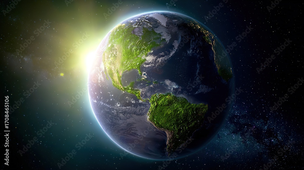 Fototapeta premium High-detail Earth space floating, atmospheric limb glow volumetric sunlight effect, cloud bands ocean specular highlights, commercial advertising negative space