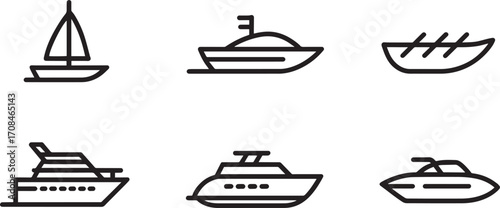 Marine Transport Icons Set Outline Style Sailboat Yacht Motorboat Cruise Ship Speedboat Watercraft