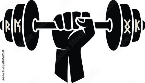 Powerful fist gripping engraved barbell silhouette for fitness and strength graphics