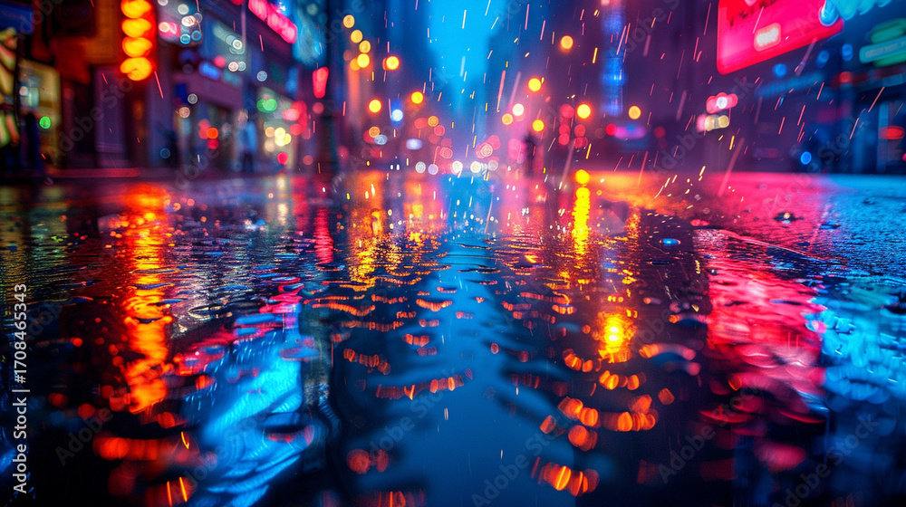 Fototapeta premium Nighttime urban scene with wet sidewalks reflecting colorful storefront and street lighting, low angle view emphasizing texture and contrast