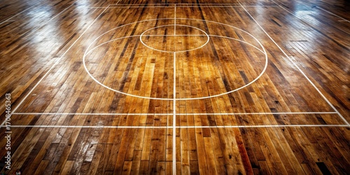 A worn hardwood basketball court floor with faded lines and scratches