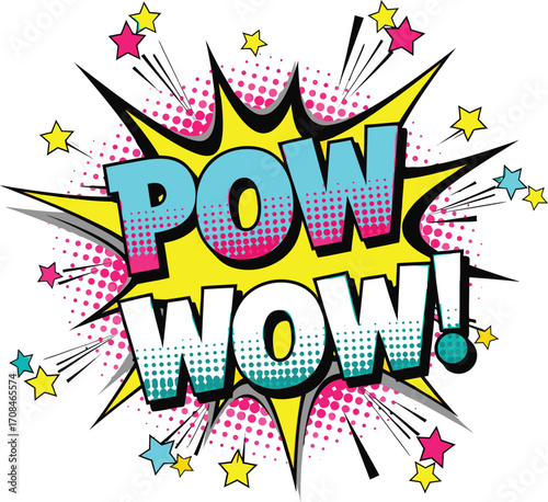 Pop art comic pow and wow text and star shapes on transparent background
