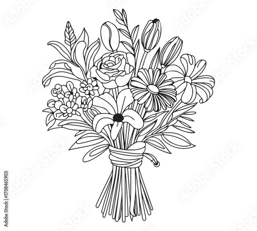 Flowers are gathered tightly into a neat bouquet
