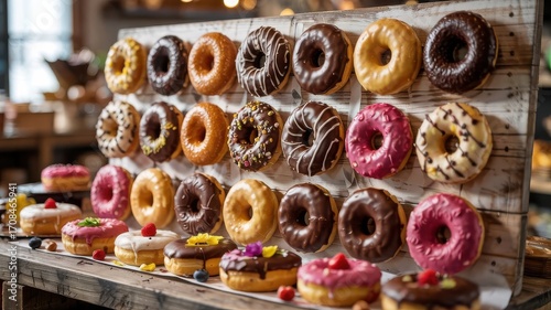 Doughnut display wall featuring assorted glazed chocolate berry and vanilla donuts on rustic wooden peg board with fresh berries below in warm bakery setting