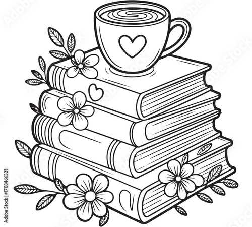 Beautiful lineart illustration of an elegant teacup with flowers on top of books