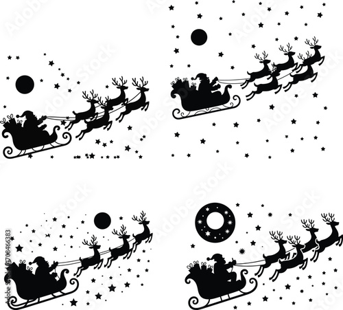 Santa claus sleigh riding through snowy night sky with moon four variations