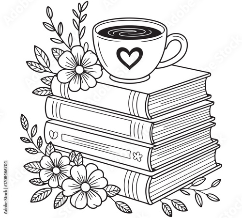 Beautiful lineart illustration of an elegant teacup with flowers on top of books