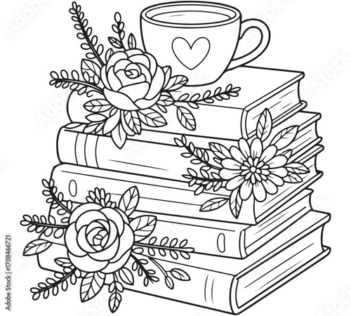 Beautiful lineart illustration of an elegant teacup with flowers on top of books