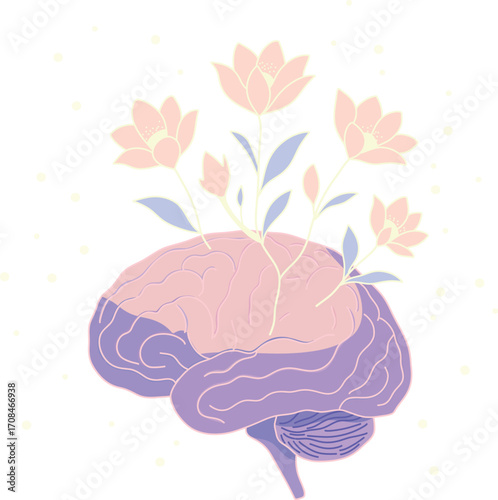Whimsical pastel flowers grow from a human brain against a starry background—symbolizing creativity, mindfulness, and mental growth with a soft surreal aesthetic.