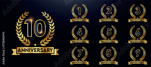 Set of golden anniversary logotypes for celebration events, weddings, greeting cards, and invitations. Gold emblem with number. Vector illustration	
