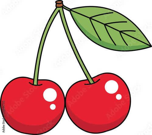 Cartoon Cherries with Green Leaf Illustration Red Berries on transparent background cartoon illustration
