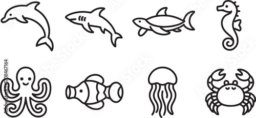 Oceanic Outlines A Collection of Marine Life Icons Featuring Dolphin Shark Fish Seahorse Octopus Jellyfish