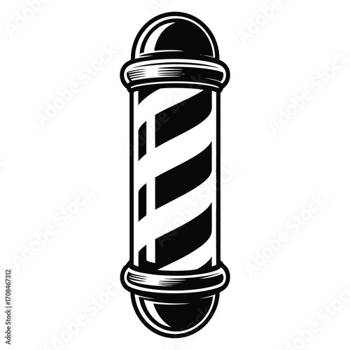 Black and white vector illustration of a classic barber pole with cylindrical striped design, dome top, and clean symmetrical lines