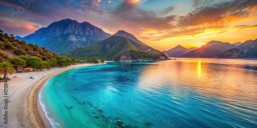 Fototapeta Naklejka Na Ścianę i Meble -  Sunset over turquoise waters at Oludeniz beach