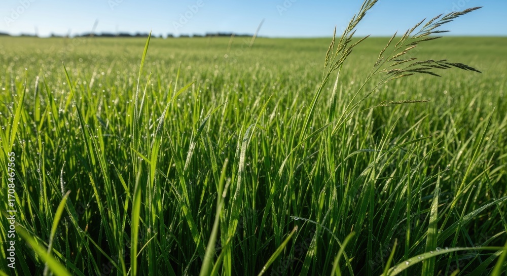 Obraz premium A vibrant green field of tall grass with dew drops on the blades, set against a clear blue sky.