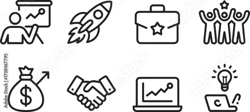 Presentation of Business Growth Strategy with Graph and Person Icon in Outline Style on Transparent Backdrop