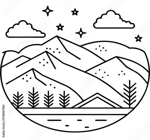Mountain landscape vector illustration with a car and boat for a travel design