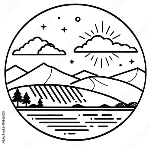 Vector illustration of an island in the sea with a boat and cruise ship, a logo design symbolizing summer travel and nature
