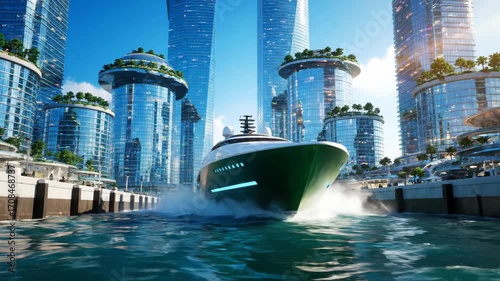 Luxury yacht sails through futuristic urban waterway with high-rise sustainable green architecture