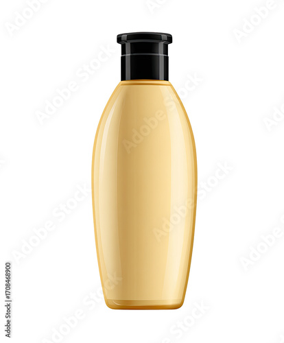 Creamy beige bottle with black cap.  A  smooth, ovoid  container for  a  liquid product, possibly hair care