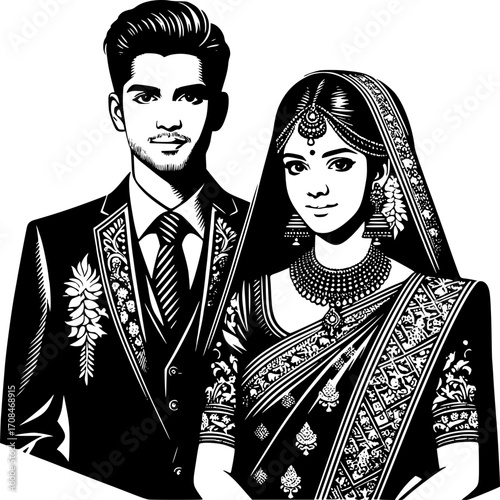 Forever in the silhouette: A detailed black and white illustration captures a young couple. The image evokes commitment, new beginnings, and cultural celebration.
