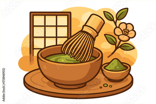 Japanese matcha green tea ceremony vector illustration. Traditional preparation with bamboo whisk chasen, powder, and bowl. Serene cultural experience concept art icon.