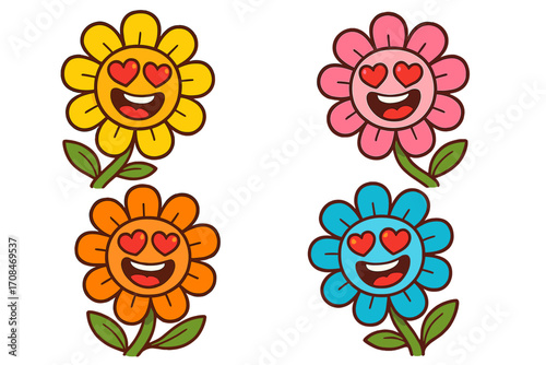 Set of cute cartoon flower characters in love. Mascot collection with heart eyes emoji. Cheerful smiling flowers expressing romance and happiness. Vector for valentine's day.