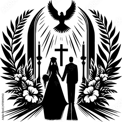 Divine Union: A graphic depiction of a couple embarking on a sacred journey towards a cross. The image showcases symbols of love, faith, and commitment, radiating a sense of peace and hope.