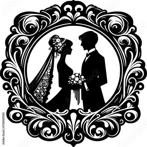 Silhouette Wedding Embrace: Elegant black and white silhouettes capture the intimate moment of a wedding, framed by a detailed ornamental design. Illustrating the start of a forever journey.