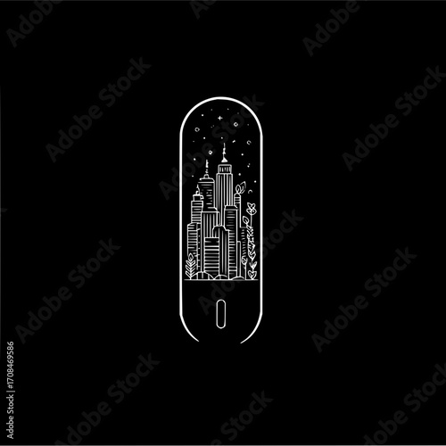 Minimalist cityscape illustration with plants and stars in capsule shape vector graphic design