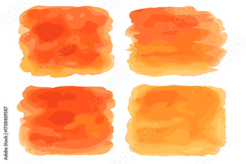 Collection of abstract watercolor textures in red and orange. Hand-painted brush stroke shapes. Warm color paint splash stains for background, banner, label, or artistic design.