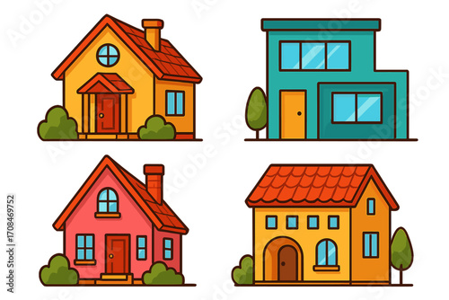 House collection vector icon set. Cute cartoon home illustration for real estate. Residential property building facade. Modern and classic architectural styles.