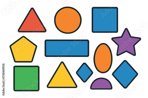 Colorful basic geometric shapes for children's visual learning. Vector icon set for preschool and kindergarten education. Math game assets. Triangle, circle, square, star.