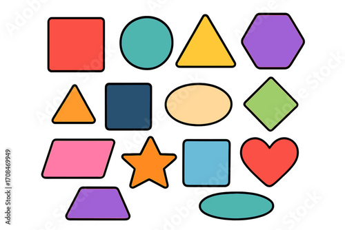 Colorful geometric shapes set for children education and visual learning. Basic geometry figures icon pack with circle, square, triangle, star, heart. Flat vector design.