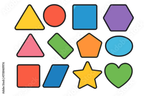 Colorful geometric shapes set for kids learning. Math education icons for preschool. Basic geometry figures. Vector cartoon illustration with triangle, square, circle, star, heart.