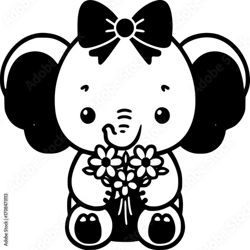 Cuteness Overload: Adorable elephant happily holding a bouquet of daisies, radiating joy, perfect for conveying warmth, cheerfulness, and the simple pleasures of life. 