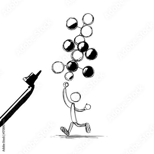 Illustration of stick figure with molecular structure drawn with pen on white background art design