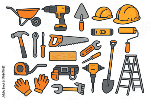 Construction tools vector icon set. Building, repair, and renovation equipment. Carpentry, DIY, maintenance work. Hammer, drill, saw, helmet flat cartoon illustration.