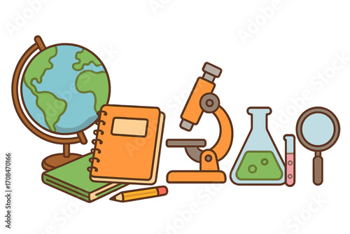 Back to school concept with education and science supplies. Vector flat illustration of globe, microscope, notebook, chemistry flask for learning, biology, geography classroom.
